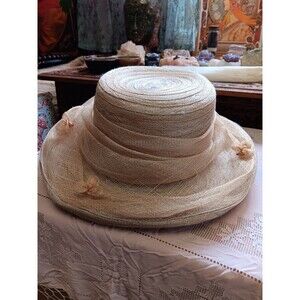 Derby or church straw hat wide rim burlap flower design